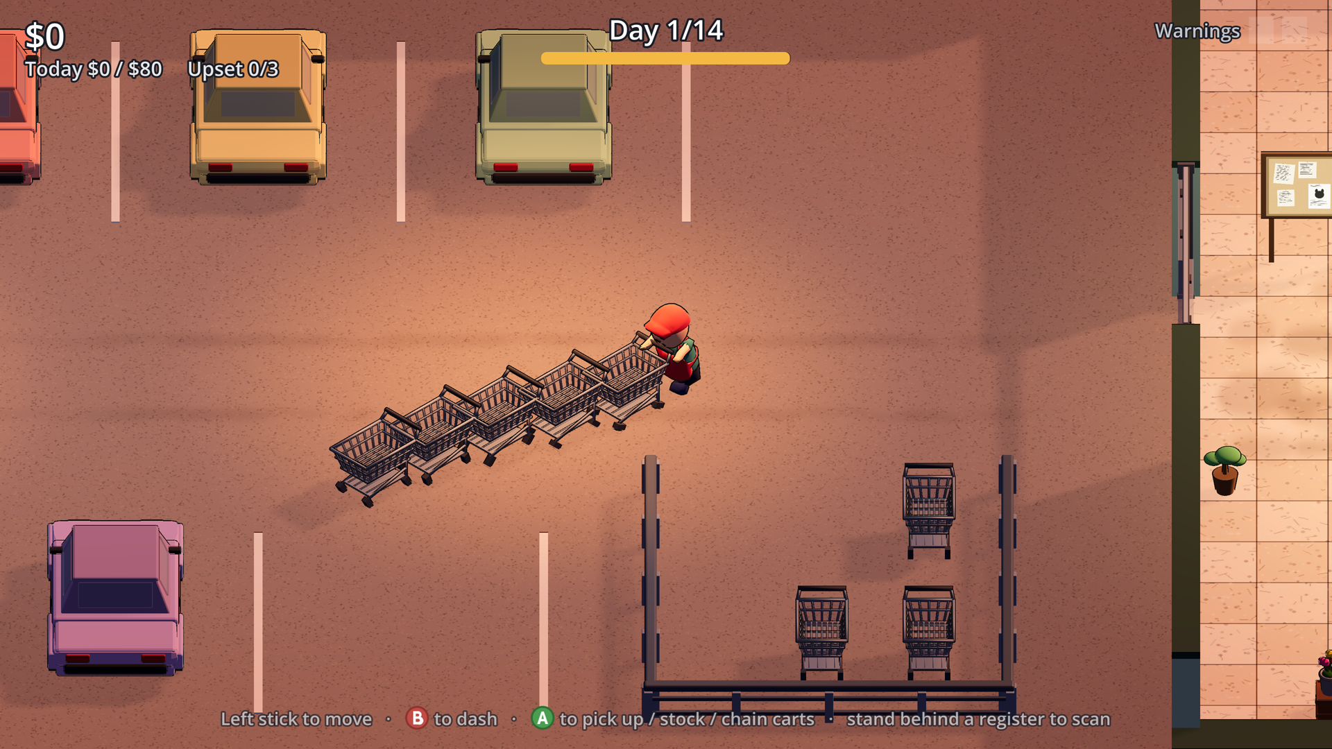 Hauling a five-cart train across the parking lot